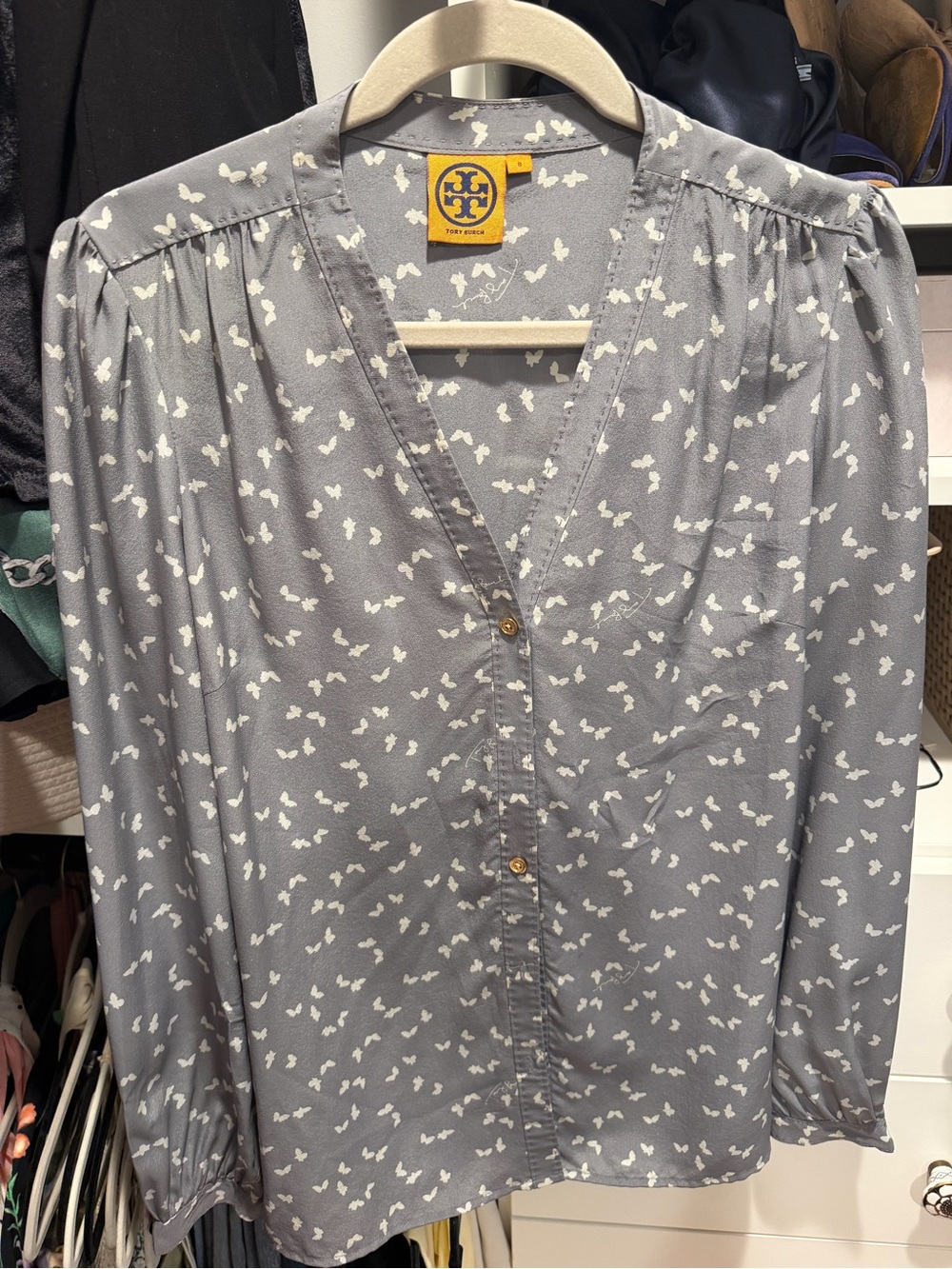 Tory Burch Gray Button-Front Butterfly Print Blouse